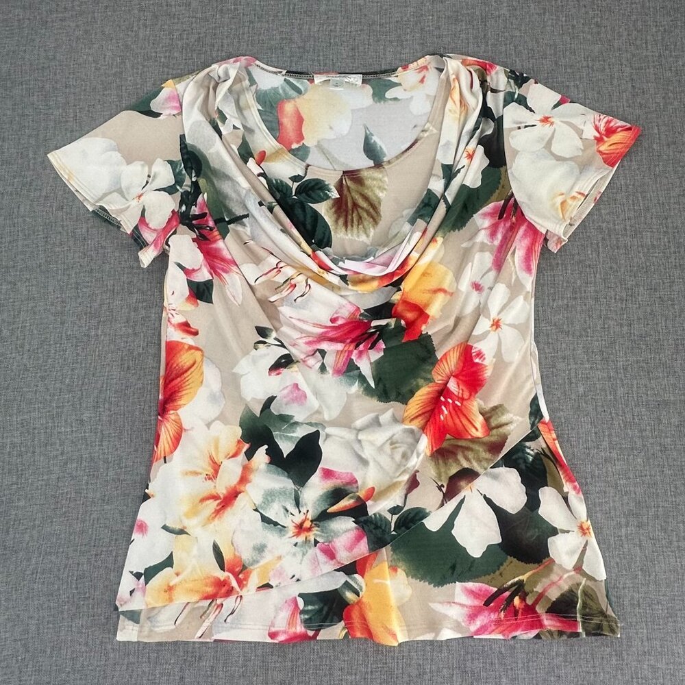 Dressbarn‎ Cowl Neck Top Floral Short Sleeve Small Stretch Faux Wrap Drape